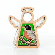 The Forged Flare® American Robin Ornament | Mother's Angels® is a 3.5" wooden angel figurine with a twine loop, featuring an American robin on a green background—an ideal gift for bird lovers.
