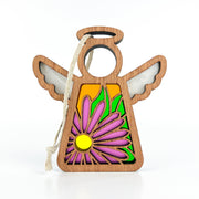 The Forged Flare® Aster Ornament | 3.5" (H) Angel Figurine from Mother's Angels® features outstretched wings, a vibrant pink, yellow, and purple aster flower design for September birthdays, and a natural cord loop for hanging.