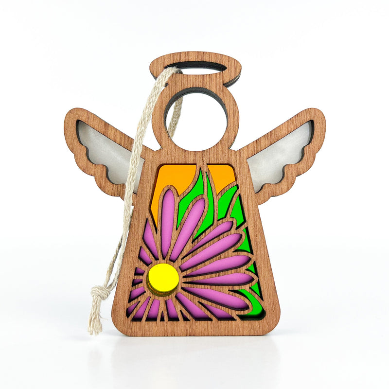 The Forged Flare® Aster Ornament | 3.5" (H) Angel Figurine from Mother's Angels® features outstretched wings, a vibrant pink, yellow, and purple aster flower design for September birthdays, and a natural cord loop for hanging.
