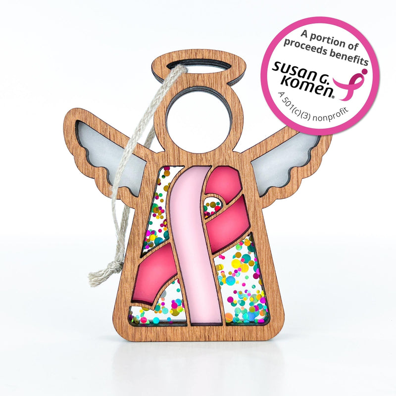 The Forged Flare® Mother's Angels® 3.5" Angel Ornament features a pink breast cancer awareness ribbon; a portion of proceeds benefits Susan G. Komen. Perfect charity gift for Breast Cancer Awareness Month.