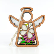 The Forged Flare® Mother's Angels® "Cabbage Butterfly with Clover Flower" ornament is a 3.5" wooden angel figurine with white wings and stained glass-style floral details—ideal for angel fans and collectors.