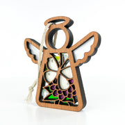 The Forged Flare® Mother's Angels® Cabbage Butterfly with Clover Flower Ornament is a 3.5" wooden angel figurine with cut-out wings and a string loop, featuring stained glass-style butterfly and flower details—perfect for party decorations.