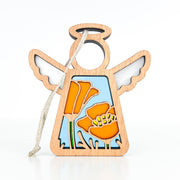 The Forged Flare® California Poppy Ornament is a 3.5" Mother's Angels® figurine with cut-out wings, halo, and orange poppy flowers on a blue background—an enchanting wooden angel for your Christmas tree.