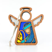 The Forged Flare® Christmas Nativity Joseph 3.5" Angel Figurine from Mother's Angels® features a stained glass-style Mary and baby Jesus in blue and yellow, includes a hanging string—ideal as a Nativity gift.