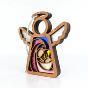 The Christmas Nativity Mary Mother of Jesus 3.5" Angel Figurine from Forged Flare® features white wings, a round head, colorful glittery cutouts, and a hanging string—perfect as Christmas decor or a Nativity gift. Background is plain white.