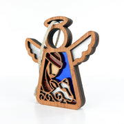 The Forged Flare® Mother's Angels® 3.5" Christmas Nativity Shepherd With Sheep angel figurine features wing and halo details, colorful acrylic inlays, and a sleeping sheep cutout. Includes a cord for easy hanging as an ornament.