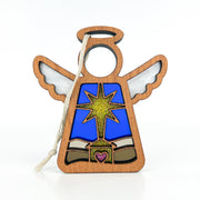 The Christmas Nativity Star with Imperfections 3.5" Angel Figurine by Forged Flare® Mother's Angels® features a blue and yellow star, white wings, and hanging string—a charming, meaningful addition to your holiday décor or gift list.