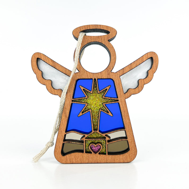 The Christmas Nativity Star with Imperfections 3.5" Angel Figurine by Forged Flare® Mother's Angels® features a blue and yellow star, white wings, and hanging string—a charming, meaningful addition to your holiday décor or gift list.