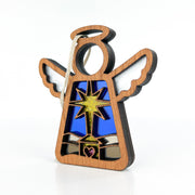 The Christmas Nativity Star with Imperfections 3.5" Angel Figurine by Forged Flare® Mother's Angels® features white wings, a blue stained-glass robe, and a manger star, making it a meaningful gift and festive addition to your holiday décor.