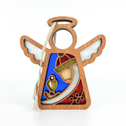 The Forged Flare® Mother's Angels® 3.5" Christmas Nativity Red Wise Man angel figurine features stained-glass accents in blue, red, and gold—perfect as a beautiful Nativity gift or Christmas tree ornament with a looped white string for hanging.