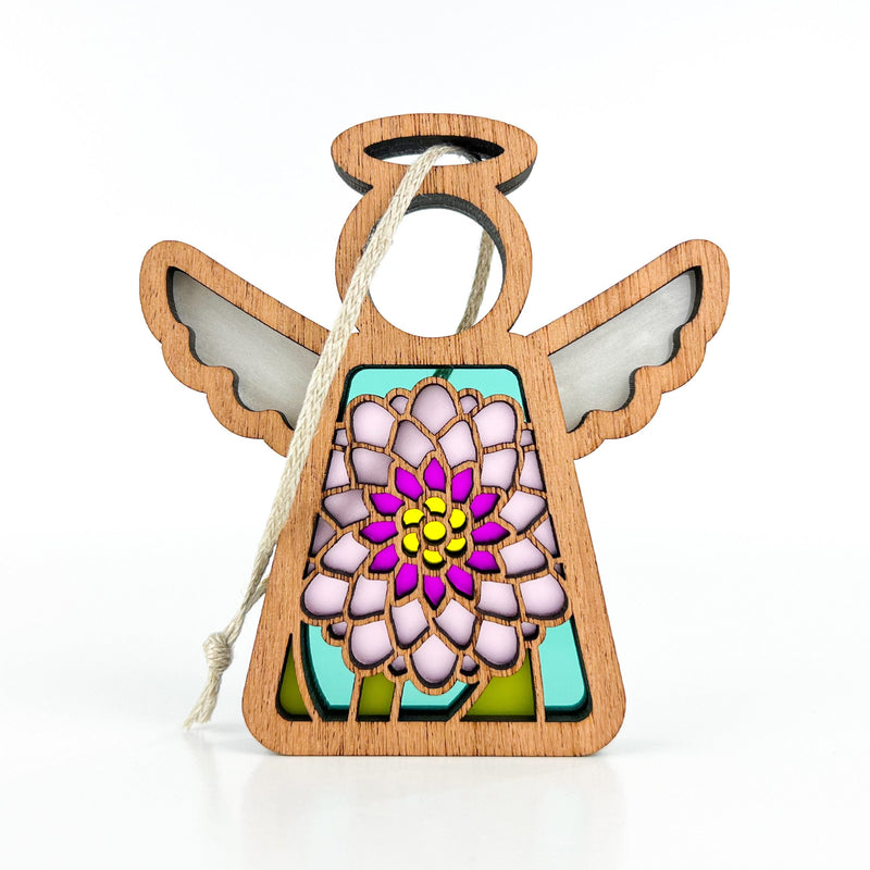 The Forged Flare® Chrysanthemum Ornament is a 3.5" Mother's Angels® figurine, featuring a stained glass-style pink chrysanthemum with purple and yellow accents and a white hanging string looped through its halo.