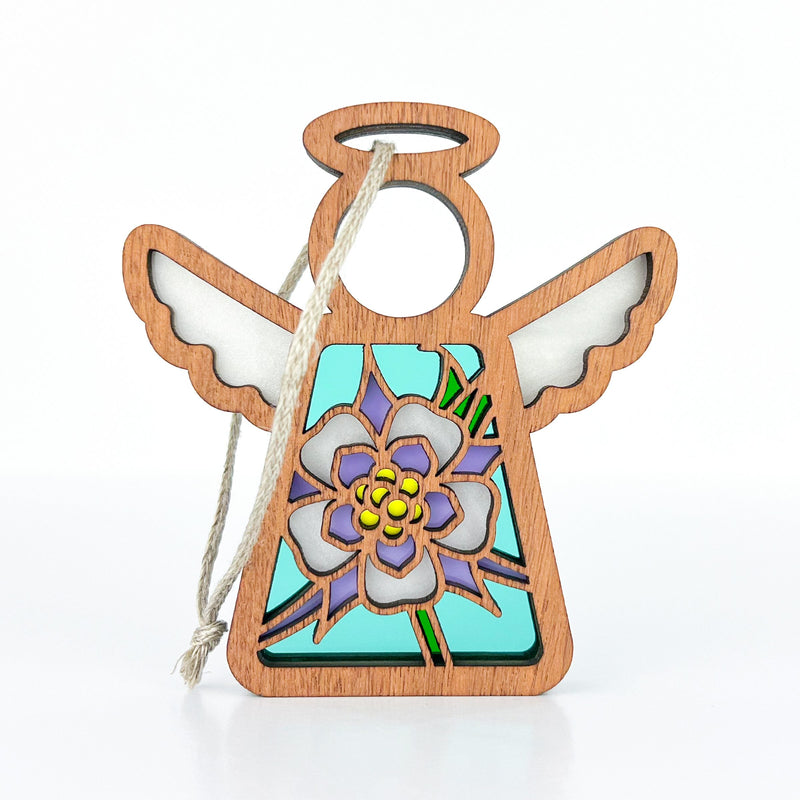 The Forged Flare® Columbine Ornament is a 3.5" wooden Mother's Angels® figurine with cut-out wings, halo, and beige string loop—perfect as a colorful Christmas tree ornament for angel lovers.
