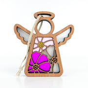 The Forged Flare® Cosmos Ornament | 3.5" Angel Figurine from the Mother's Angels® collection features a wooden angel adorned with colorful cosmos flowers, representing the October birth flower, styled like stained glass. The angel's outstretched wings and halo complete its look, and a string allows for easy hanging. The flowers, in shades of pink and purple with vibrant yellow centers, add a charming touch.