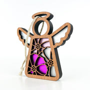 The Forged Flare® Cosmos Ornament | 3.5" (H) Angel Figurine from Mother's Angels® features wooden cut-out cosmos flowers, translucent pink and purple backing, fine wing details, and a hanging string—perfect for any décor.