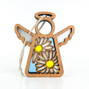 A 3.5" wooden Mother's Angels® daisy ornament by Forged Flare®, with blue accents, yellow centers, outstretched wings, and a rope for hanging. Sold as an Amazon marketplace warehouse return.