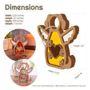 The Forever In My Heart Dog Angel Ornament by Forged Flare® is a wooden angel with a heart cutout, ideal as a personalized dog keepsake or memorial. Size: 3.25"W x 3.5"H x 3/8"D, 1 oz. Two smaller images show design and display options.