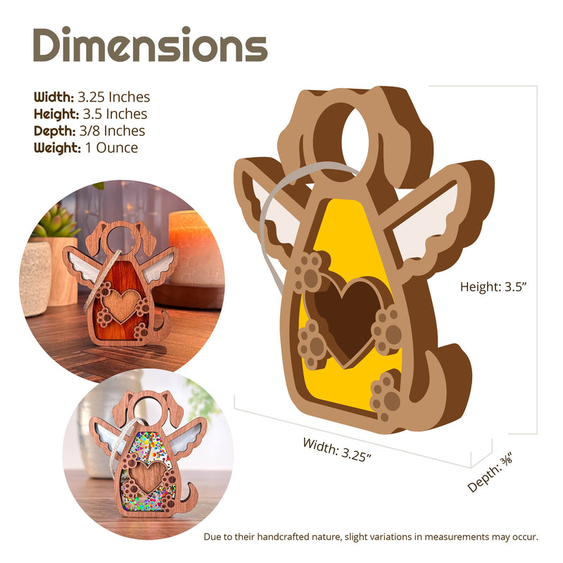 The Forever In My Heart Dog Angel Ornament by Forged Flare® is a wooden angel with a heart cutout, ideal as a personalized dog keepsake or memorial. Size: 3.25"W x 3.5"H x 3/8"D, 1 oz. Two smaller images show design and display options.