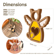 Photos and illustrations of the Forged Flare® Forever Loved Cat Angel Ornament for Charity, a handcrafted cat keepsake with angel wings and heart cutout. Size: 3.25"W x 3.5"H x 3/8"D, 1 oz. Includes front/back views and decorative variations.