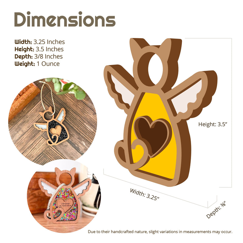 Photos and illustrations of the Forged Flare® Forever Loved Cat Angel Ornament for Charity, a handcrafted cat keepsake with angel wings and heart cutout. Size: 3.25"W x 3.5"H x 3/8"D, 1 oz. Includes front/back views and decorative variations.