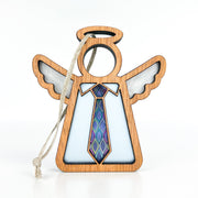 The Forged Flare® Forever Your Father Ornament is a 3.5" wooden angel figurine with white wings, blue and purple tie, and hanging string. Its minimalist design by Mother's Angels® makes it a unique Father's Day or Christmas gift.