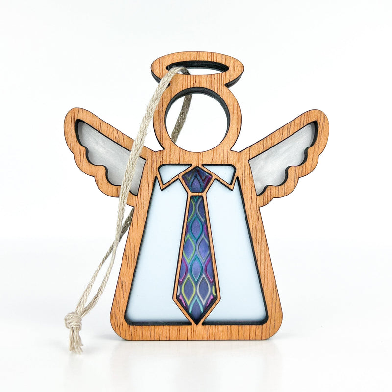 The Forged Flare® Forever Your Father Ornament is a 3.5" wooden angel figurine with white wings, blue and purple tie, and hanging string. Its minimalist design by Mother's Angels® makes it a unique Father's Day or Christmas gift.