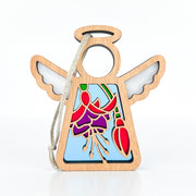 The Forged Flare® Fuchsia Ornament is a 3.5" tall Mother's Angels® wooden figurine with cut-out wings, halo, stained glass-style fuchsia flower panel, and twine loop for hanging. Perfect as a Christmas or floral gift; plain white background.