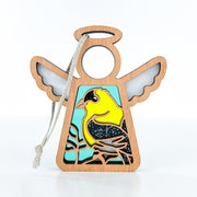 The Forged Flare® Goldfinch Ornament is a 3.5" Mother's Angels® figurine featuring a yellow and black goldfinch design, light blue accents, and gray hanging string—an ideal bird lover or bird watching gift.