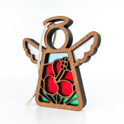 The Forged Flare® Hibiscus Ornament is a 3.5" Mother's Angels® wooden angel with white wings, halo, and hanger, featuring a stained-glass-style body with red hibiscus flowers—an ideal Hawaiian Christmas decoration.
