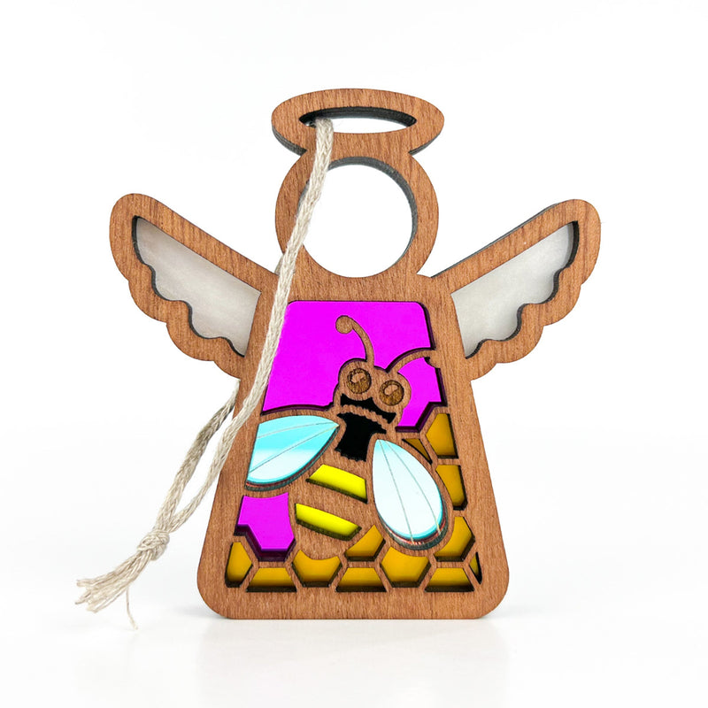 The Forged Flare® Warehouse Return - Honey Bee Ornament is a 3.5" Mother's Angels® figurine with translucent wings and a vibrant bee and honeycomb design—ideal for collectors or Amazon marketplace shoppers.