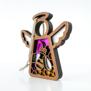 A 3.5" wooden angel figurine from Forged Flare® Mother's Angels® Collection, featuring white wings and a bee-and-honeycomb design with colorful stained glass accents, available as a warehouse return on Amazon.