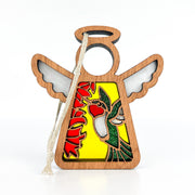The Forged Flare® Mother’s Angels® Warehouse Return - Ruby-Throated Hummingbird Ornament is a 3.5" handcrafted angel figurine with a stained glass-style panel, colorful hummingbird and red flowers, available as returned inventory on Amazon.