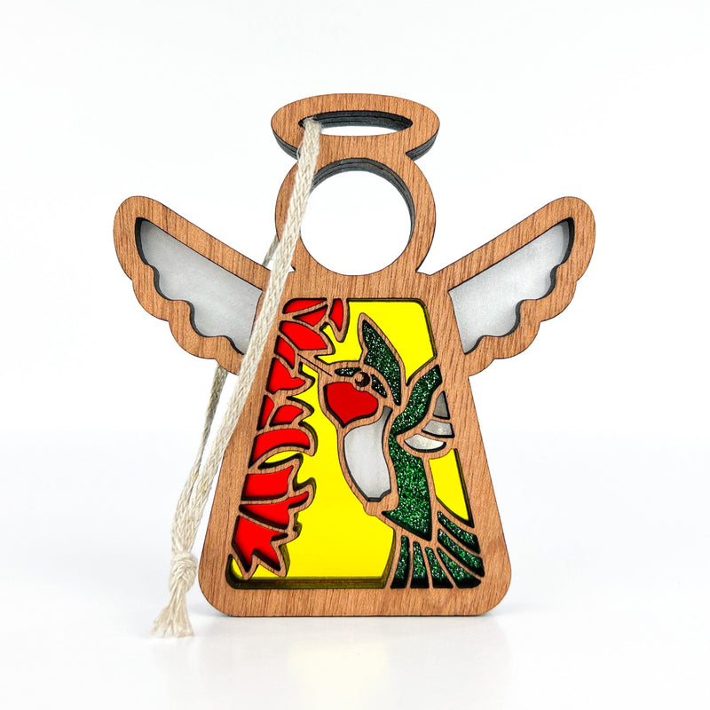 The Forged Flare® Mother’s Angels® Warehouse Return - Ruby-Throated Hummingbird Ornament is a 3.5" handcrafted angel figurine with a stained glass-style panel, colorful hummingbird and red flowers, available as returned inventory on Amazon.