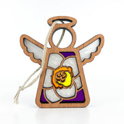 The Forged Flare® Jonquil Ornament is a 3.5" wooden angel figurine from Mother's Angels®, with stained glass-like white wings, a white jonquil (March birth flower), purple base details, and a hanging string.