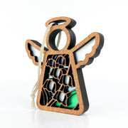 The Forged Flare® Lily of the Valley Ornament is a 3.5" Mother's Angels® figurine featuring carved wings and a multicolored stained-glass effect with a lily of the valley design, symbolizing May's birth flower, hanging from a white string.