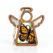 The Forged Flare® Monarch Butterfly Ornament with Imperfections is a 3.5" Mother's Angels® figurine, featuring outstretched wings, a halo, and monarch butterfly art on a white background. Includes hanging string; a heartfelt memorial gift.