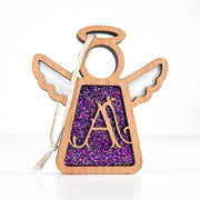 Front view of a handcrafted letter A monogram angel ornament in glittery purple - perfect personalized Christmas gift for mom