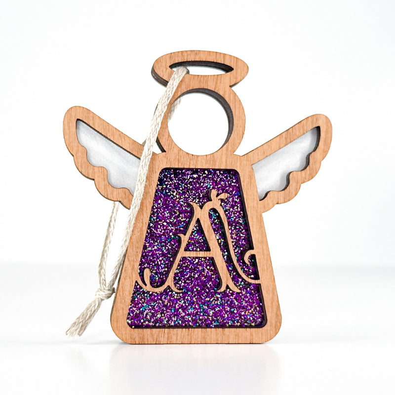 Front view of a handcrafted letter A monogram angel ornament in glittery purple - perfect personalized Christmas gift for mom