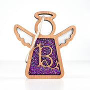 Front view of a stunning letter B monogram angel in purple sparkle - ideal personalized gift for her festive tree