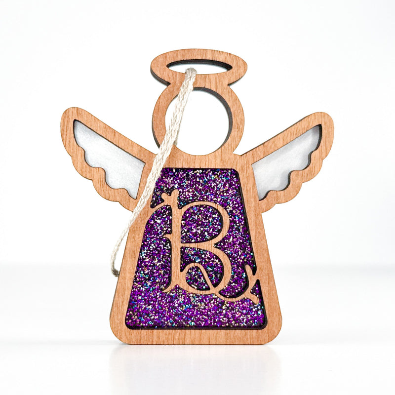 Front view of a stunning letter B monogram angel in purple sparkle - ideal personalized gift for her festive tree
