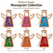 Handcrafted Mother’s Angels® Monogram Collection with six glittery colors—purple, pink, blue, green, orange, and red—featuring initial A ornaments as personalized Christmas ornaments.