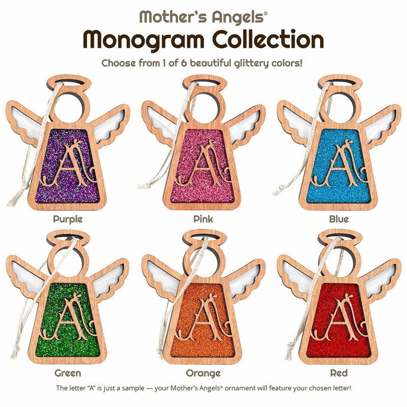 Handcrafted Mother’s Angels® Monogram Collection with six glittery colors—purple, pink, blue, green, orange, and red—featuring initial A ornaments as personalized Christmas ornaments.