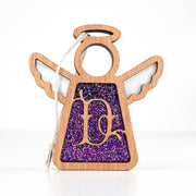 Front view of a glittery purple letter D monogram angel - a custom initial ornament for mom’s holiday collection