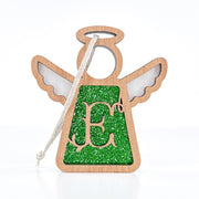 The Forged Flare® Mother's Angels® 3.5" Personalized E Monogram Ornament features a wooden angel figurine with translucent wings, a green glittery center, and a hanging string—an elegant holiday accent.