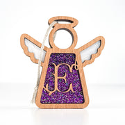 Front view of a purple glitter letter E angel ornament - perfect monogram gift for her special moments