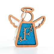 The Forged Flare® Mother's Angels® Personalized F Monogram Ornament is a 3.5" wooden angel figurine with a blue glittery center, "F" cutout, and hanging string—perfect for a custom Christmas touch.