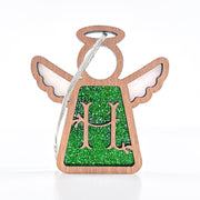 The Forged Flare® Personalized H Monogram Ornament is a 3.5" wooden angel figurine with green glitter center, outlined wings and halo, hanging string—part of Mother's Angels®, perfect as a thoughtful gift for mom.