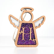 Front view of a glittery purple letter H monogram angel - ideal personalized Christmas ornament for her