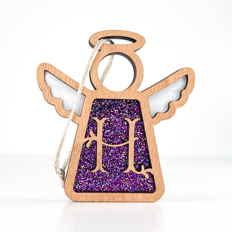 Front view of a glittery purple letter H monogram angel - ideal personalized Christmas ornament for her