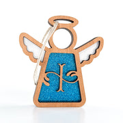 The Forged Flare® Personalized I Monogram Ornament is a 3.5" wooden angel figurine from Mother's Angels®, with cut-out wings, a blue glittery center, body design, and adecorative  string for hanging. Photographed on a white background.