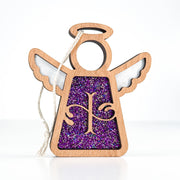 Front view of a purple glitter letter I angel ornament - a heartfelt monogram Christmas gift for loved ones